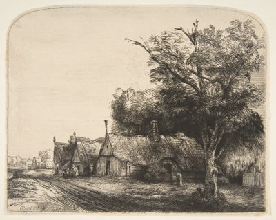 Landskap med tre gavlhytter ved siden av en vei, 1650. av Rembrandt van Rijn