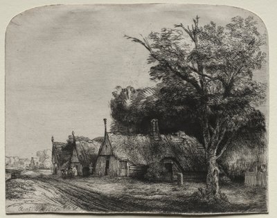 Landskap med tre gavlhytter ved siden av en vei av Rembrandt van Rijn