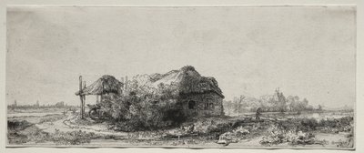 Landskap med hytte og høylåve: Avlang av Rembrandt van Rijn