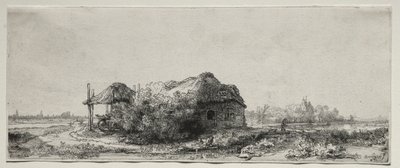 Landskap med hytte og høylåve: Avlang, 1641. av Rembrandt van Rijn