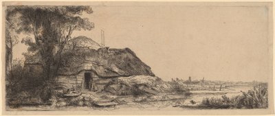 Landskap med en hytte og et stort tre av Rembrandt van Rijn