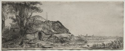 Landskap med en hytte og et stort tre av Rembrandt van Rijn