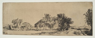 Landskap med et gårdshus langs en vei ved siden av en kanal, ca. 1652. av Rembrandt van Rijn