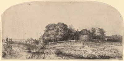Landskap med en høyfjøs og en saueflokk av Rembrandt van Rijn