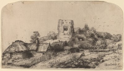 Landskap med et firkantet tårn av Rembrandt van Rijn
