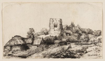 Landskap med et firkantet tårn av Rembrandt van Rijn
