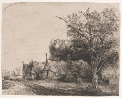 Landskap med tre gavlhytter ved siden av en vei av Rembrandt van Rijn