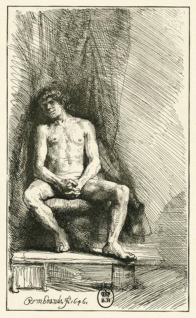 Naken mann, sittende av Rembrandt van Rijn
