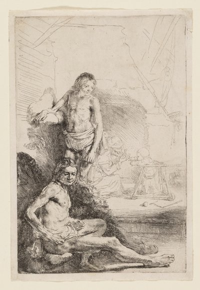 Naken mann sittende og stående av Rembrandt van Rijn