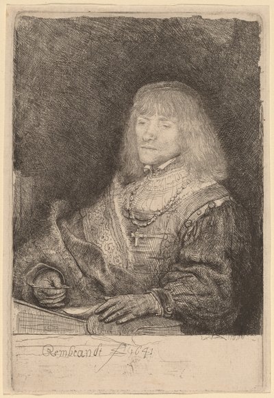 Mann ved et skrivebord med kors og kjede av Rembrandt van Rijn