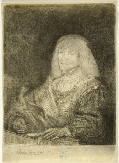 Mann ved et skrivebord med kors og kjede av Rembrandt van Rijn
