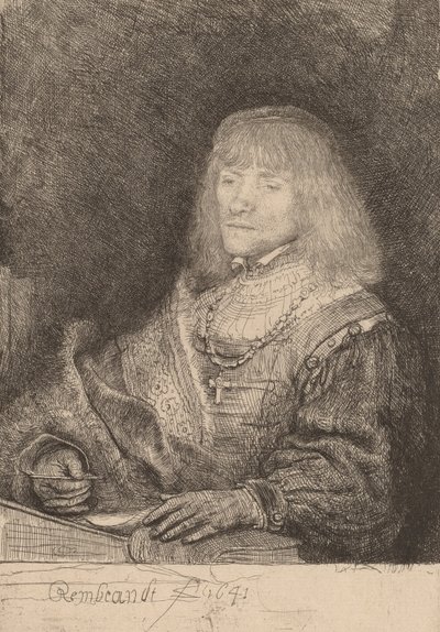 Mann ved et skrivebord med kors og kjede, 1641. av Rembrandt van Rijn