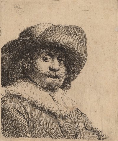 Mann i en bredbremmet hatt, muligens 1638. av Rembrandt van Rijn