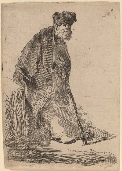 Mann i frakk og pelshette lener seg mot en bank av Rembrandt van Rijn