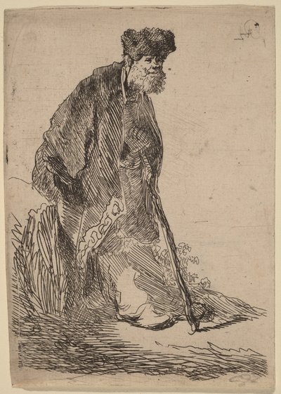 En mann i frakk og pelslue som lener seg mot en benk av Rembrandt van Rijn