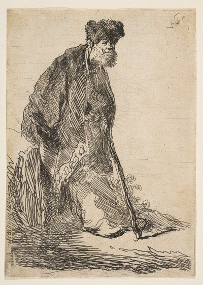 Mann i frakk og pelshette lener seg mot en bank, ca. 1630. av Rembrandt van Rijn