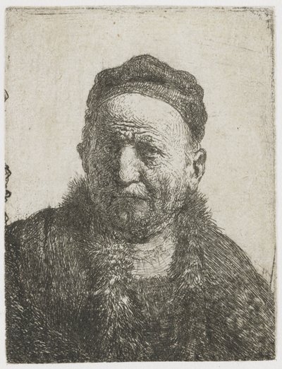 Mann med tett hette: byste (kunstnerens far?) av Rembrandt van Rijn