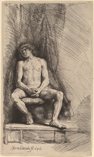 Naken mann sitter foran en gardin av Rembrandt van Rijn
