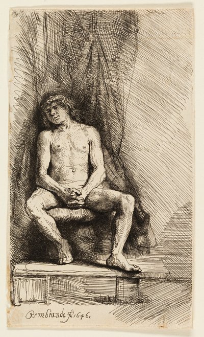Naken mann sitter foran en gardin av Rembrandt van Rijn