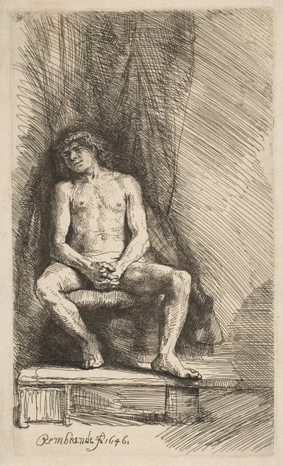 Naken mann sitter foran et gardin, 1646. av Rembrandt van Rijn