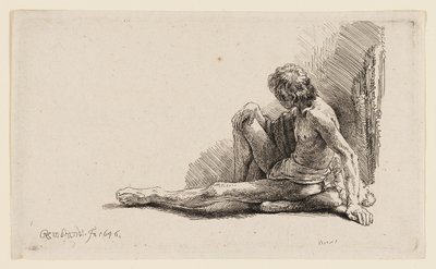Naken mann sitter på bakken med ett ben forlenget av Rembrandt van Rijn