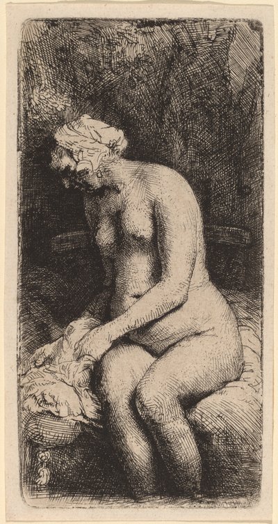 Naken sittende på en benk med en pute (kvinne som bader føttene ved en bekk) av Rembrandt van Rijn