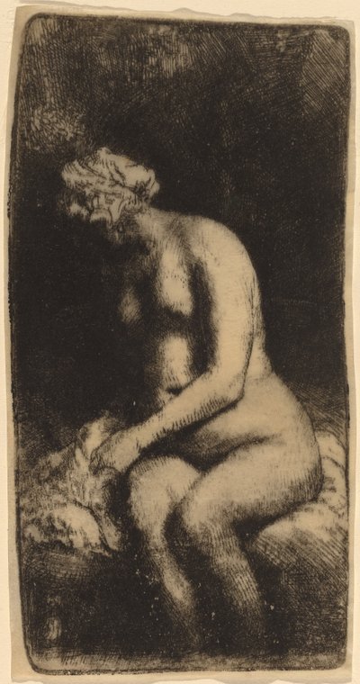 Naken sittende på en benk med en pute (kvinne som bader føttene ved en bekk) av Rembrandt van Rijn