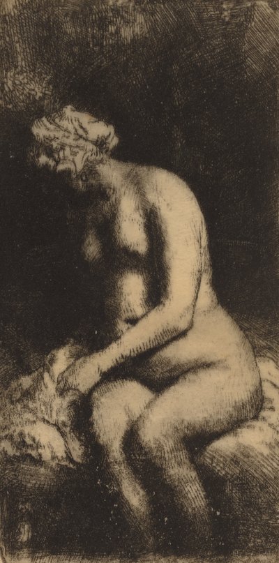 Naken sittende på en benk med en pute kvinne som bader føttene ved en bekk, 1658. av Rembrandt van Rijn