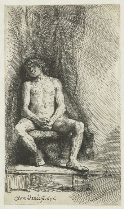 Naken ung mann, sittende foran en gardin Naken mann som sitter foran en gardin av Rembrandt van Rijn