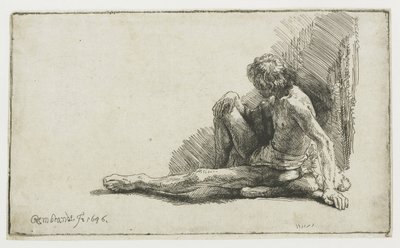 Naken mann sitter på bakken med ett ben utstrakt av Rembrandt van Rijn