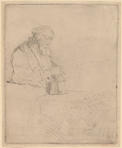 Gammel mann i meditasjon, lener seg på en bok av Rembrandt van Rijn