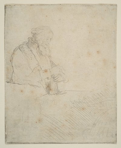 Gammel mann i meditasjon, lener seg på en bok, ca. 1645. av Rembrandt van Rijn
