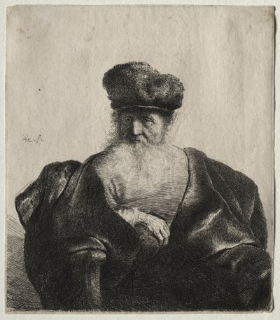 Gammel mann med skjegg, pelshatt og fløyelskappe av Rembrandt van Rijn