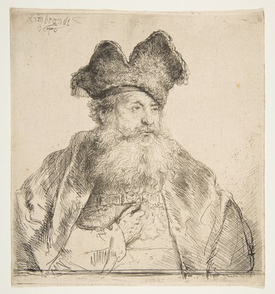 Gammel mann med delt pelshatt. av Rembrandt van Rijn