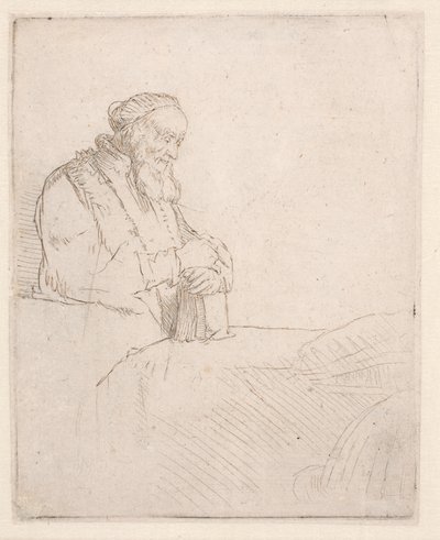 En gammel mann i meditasjon, som lener seg mot en bok av Rembrandt van Rijn