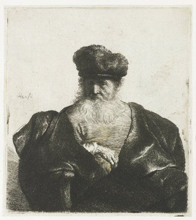 Gammel mann med skjegg, pelshatt og fløyelskappe av Rembrandt van Rijn