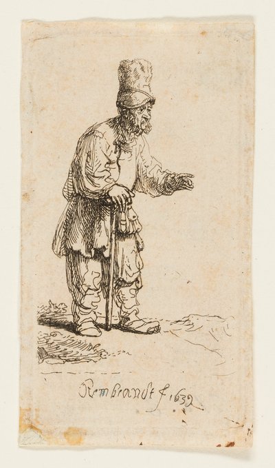 Bonde med høy lue, stående lent på en pinne av Rembrandt van Rijn