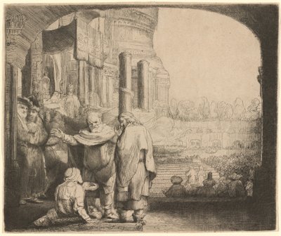 Peter og Johannes helbreder den krøplingen ved tempelporten av Rembrandt van Rijn