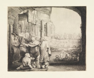 Peter og Johannes helbreder den krøplingen ved tempelporten av Rembrandt van Rijn
