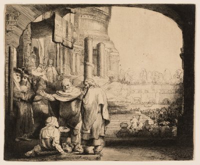 Peter og Johannes helbreder den krøplingen ved tempelporten av Rembrandt van Rijn
