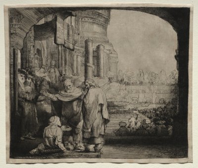 Peter og Johannes helbreder den krøplingen ved tempelporten, 1659. av Rembrandt van Rijn