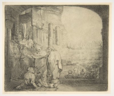 Peter og Johannes helbreder den krøplingen ved tempelporten, 1659. av Rembrandt van Rijn