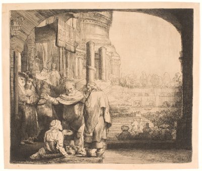 Peter og Johannes helbreder den krøplingen ved tempelporten av Rembrandt van Rijn