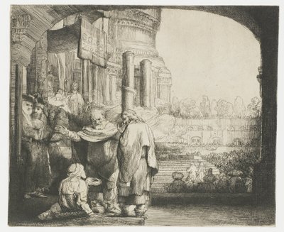 Peter og Johannes helbreder den krøplingen ved tempelporten av Rembrandt van Rijn