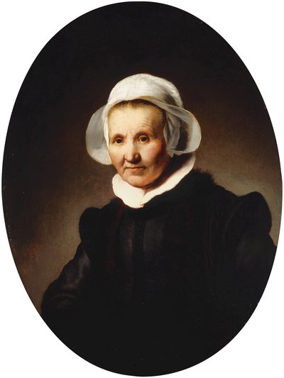 Portrett av en dame, 62 år, kanskje Aeltje Pietersdr. Uylenburgh, kone til Johannes Cornelisz. Sylvius, halv lengde i svart drakt., 1632 av Rembrandt van Rijn
