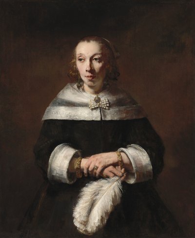 Portrett av en dame med en strutsfjærvifte, ca. 16561658. av Rembrandt van Rijn