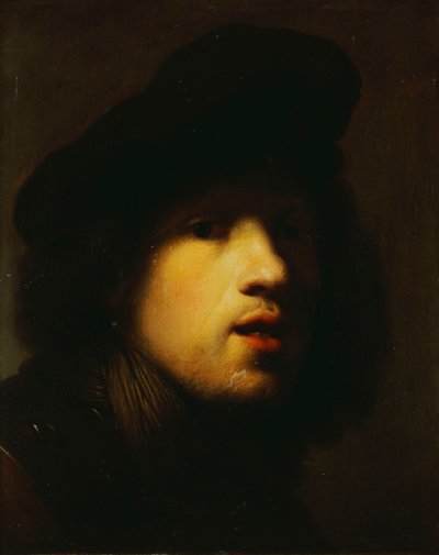 Portrett av kunstneren, hode og skuldre, i en svart beret og en kløft av Rembrandt van Rijn
