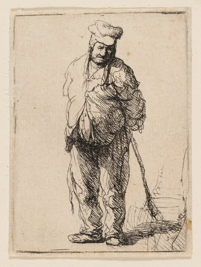 Raget bonde med hendene bak seg, holder en pinne av Rembrandt van Rijn