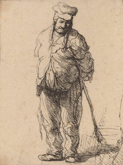 Ragget bonde med hendene bak seg, holder en pinne, ca. 1630. av Rembrandt van Rijn