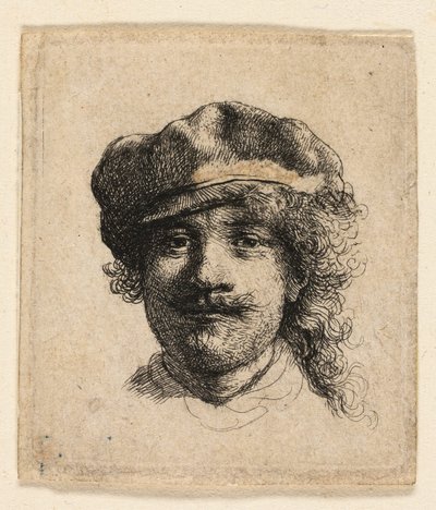 Rembrandt med myk hette: Helt ansikt: Kun hode av Rembrandt van Rijn